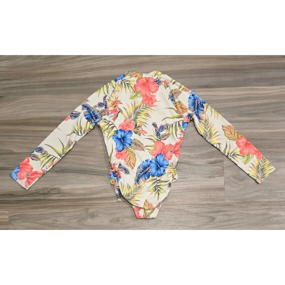 Wonder Nation Floral Rashguard One-Piece Swimsuit Size 6 Long Sleeve Zip Front